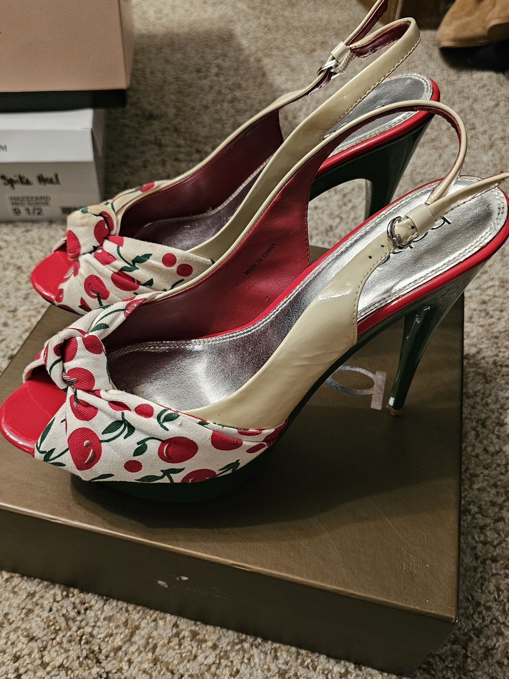 bebe Cherry-Print Peep Toe Platform Slingbacks in White/Red/Green - Picture 5 of 7